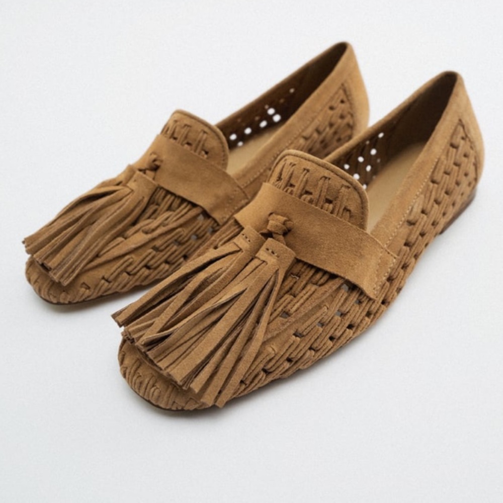ZARA WOVEN SPLIT LEATHER FLAT LOAFERS